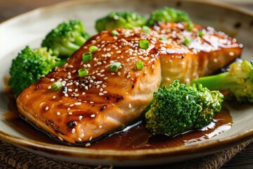 Asian-Inspired Elegance: Sesame Ginger Glazed Salmon with Steamed Broccoli - Wild-Caught Salmon Fillets Glazed in a Sesame and Ginger Marinade, Served with Fresh Steamed Broccoli for a Balanced Meal.
 - obrazy, fototapety, plakaty