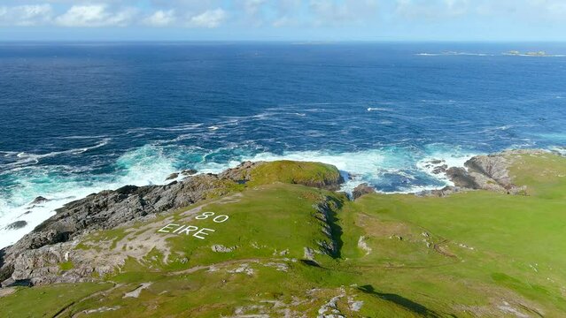 Aerial view of the famous World War II neutrality coast sign Eire 80. Navigational markers for war pilots. World wars history. Malin Head, Wild Atlantic Way. Co. Donegal, Ireland.
