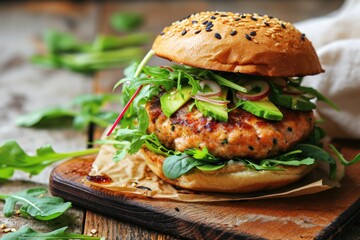 Teriyaki Salmon Burger: A succulent salmon patty glazed with teriyaki sauce, topped with avocado slices, watercress, and pickled ginger, served on a toasted multigrain bun

