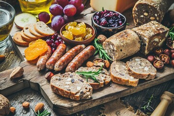 A Vegetarian Charcuterie Board Featuring Vegan Sausages, Plant-Based Pâté, Hummus, Nuts, Dried...