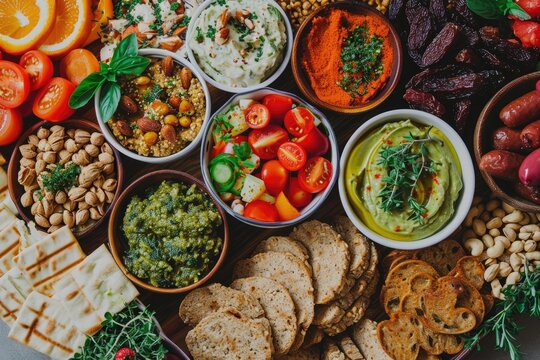 A Vegetarian Charcuterie Board Featuring Vegan Sausages, Plant-Based Pâté, Hummus, Nuts, Dried Fruits, and an Array of Vegan Cheeses for a Culinary Adventure