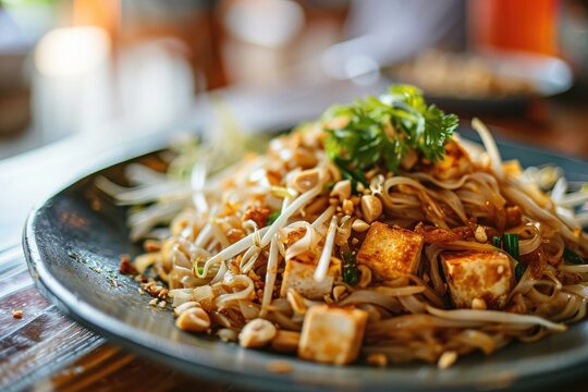 Thai Fusion Delight: Vegetarian Pad Thai - Stir-Fried Rice Noodles with Tofu, Bean Sprouts, Peanuts, and a Flavorful Tamarind-Based Sauce - A Savory and Satisfying Thai-Inspired Dish.

