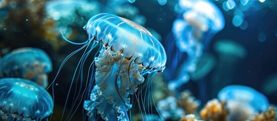 Blue water close-up of Mediterranean jellyfish - obrazy, fototapety, plakaty