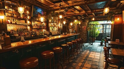 Dimly Lit Bar with Numerous Stools
