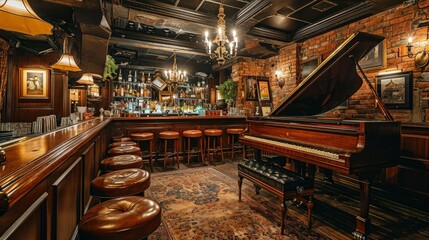 A Cozy Bar with a Grand Piano and Stools