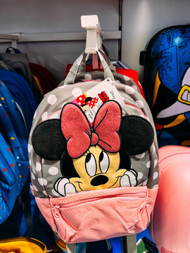 Dubrovnik, Croatia - 25 december 2022: Backpack with a picture of Minnie Mouse hanging in a supermarket