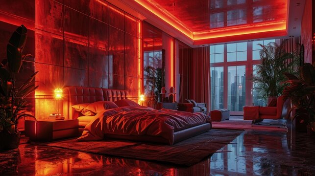 A Cozy Bedroom with Red Lighting and a Spacious Bed