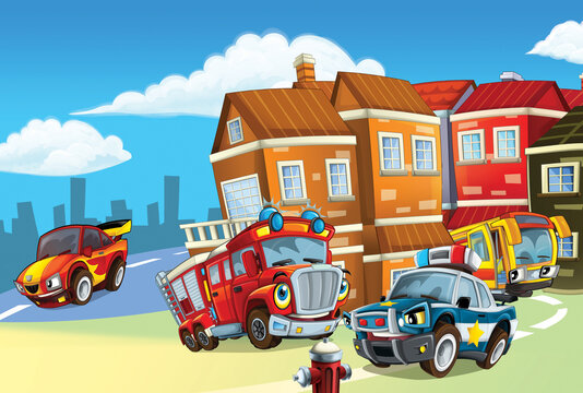 cartoon scene with public service vehicles police fire truck bus and sports car illustration for children