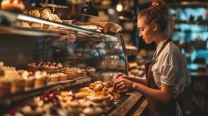 A Woman Standing in Front of a Counter Filled With Pastries