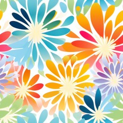 flowers vector pattern, bright yellow green orange pink and blue colour pallette, clean lines, high resolution