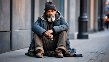 Mature beggar man sitting on the ground in a street.