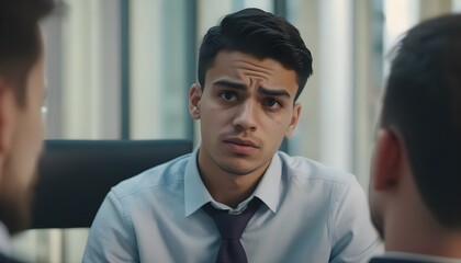 Young Latino man having a debate explaining his position to his boss in the office.