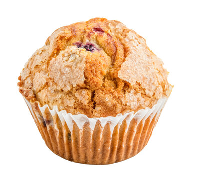 Fresh baked blueberry muffin with sugar crystals on top, isolated on transparent background
