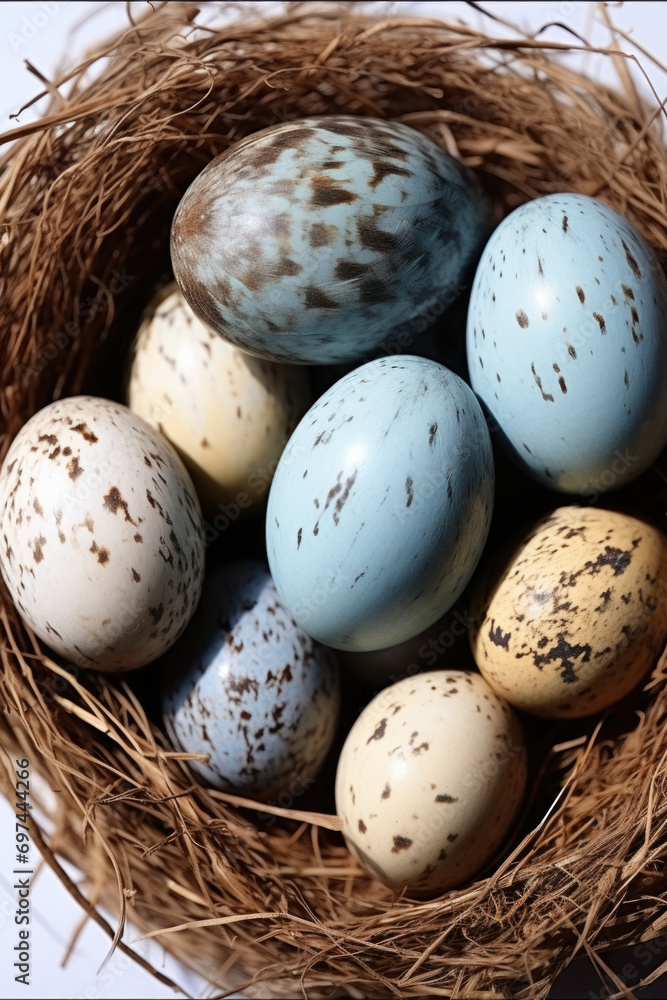 Poster a close up of a bird's nest with eggs various eggs from different birds, assorted collection.
