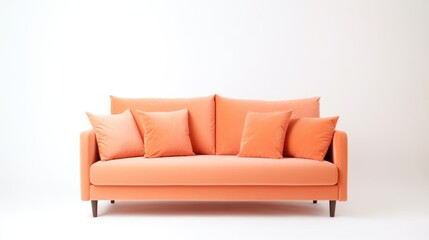 An orange couch with four pillows on top of it, peach fuzz, trendy color of the year 2024.