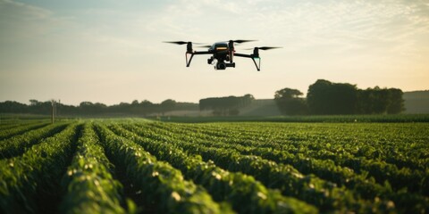 A drone flying over a field of crops