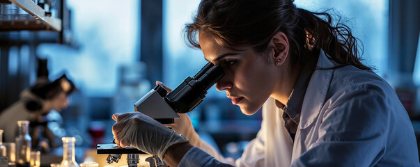 une femme en blouse blanche en train de regarder dans un microscope - obrazy, fototapety, plakaty
