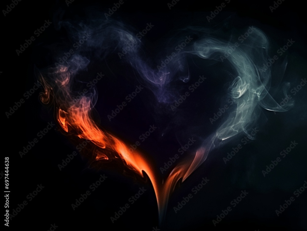 Poster abstract heart shaped object with smoke, generative ai.
