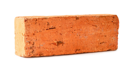 Single old cracked red or orange brick isolated with clipping path and shadow in png file format
