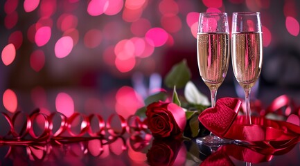 Romantic table with two champagne glasses and rose on table, concept celebrating Valentines day.