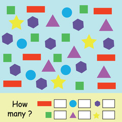 Counting how many in math. Printable worksheet for kids. Vector illustration.