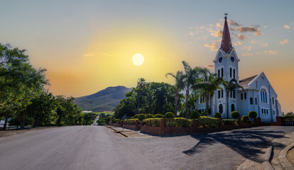 NG Kerk church and Riebeek-Kasteel village during sunset, Western Cape, South Africa