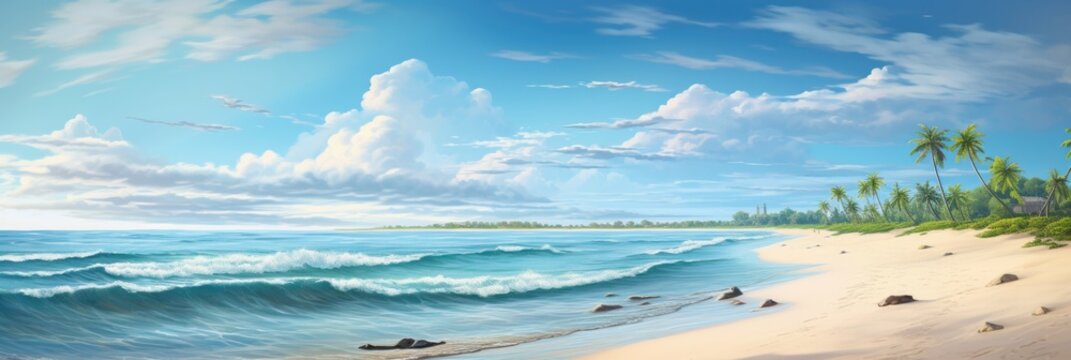 A painting of a beach with palm trees, header, footer, panoramic banner image.