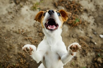 Cute puppy jack russel dog showing its paws and smiling, white background. - obrazy, fototapety, plakaty