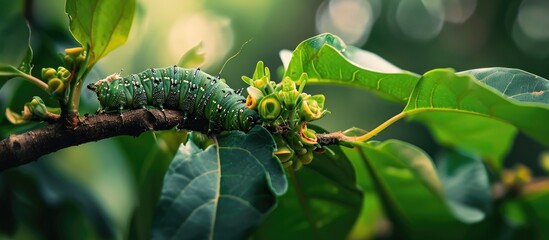 Green leaf with Cobra Caterpillar and Hawk Moth Eupanacra elegantulus. - obrazy, fototapety, plakaty