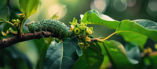 Keuken spatwand met foto Green leaf with Cobra Caterpillar and Hawk Moth Eupanacra elegantulus. © AkuAku