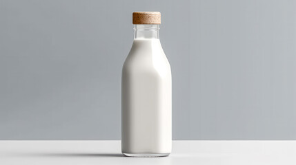 glass bottle with fresh milk on a clean gray background. - Powered by Adobe