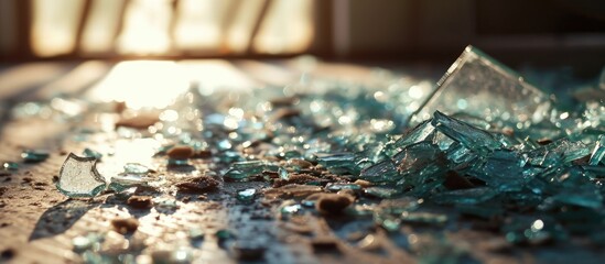 Glass shards scattered on the floor. - obrazy, fototapety, plakaty