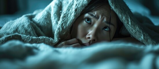 An Asian woman, frightened and panicking, lies under a blanket in a bedroom. - obrazy, fototapety, plakaty