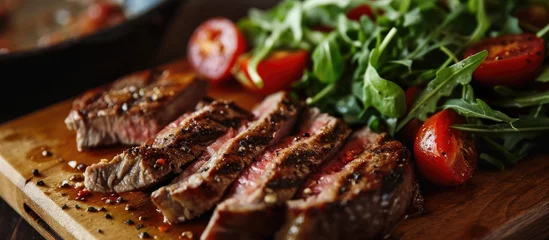  Close-up of sliced grilled beef striploin steak and salad with tomatoes and arugula on cutting board. © AkuAku