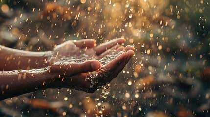 A blurred image of hands reaching out for rain in a drought-stricken area, highlighting the impact of climate change on water scarcity. - obrazy, fototapety, plakaty