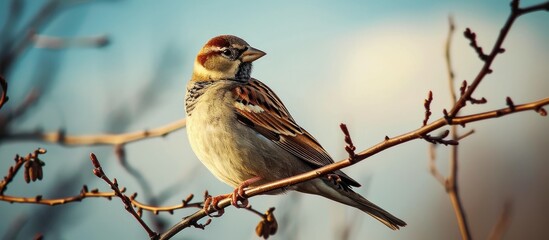 Bird perched on branch against sky