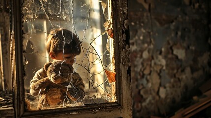 A cracked mirror reflecting a child holding a faded teddy bear, symbolizing the loss of childhood in poverty. - obrazy, fototapety, plakaty
