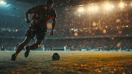Football player in action on a rainy night under stadium lights.