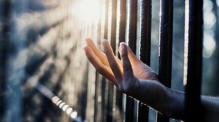 A blurred image of hands reaching out from prison bars towards a beam of light, symbolizing the pursuit of freedom and justice.