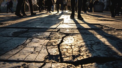 A cracked sidewalk with shadows of people walking past, symbolizing the overlooked struggles of the homeless population.