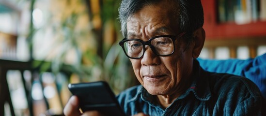 Elderly Asian man with eyesight issues removes glasses while using smartphone after browsing internet or social media at home.