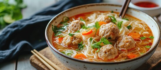 Soup made with vermicelli, vegetables, and meatballs.