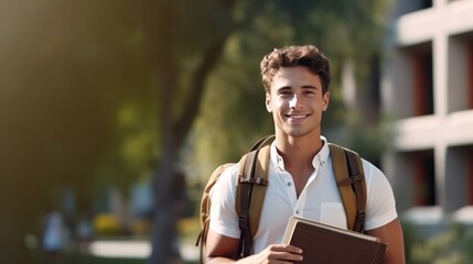 Handsome student man with backpack and books outdoor. Smile boy happy carrying a lot of book in college campus. Portrait male on international University. Education, study, school - obrazy, fototapety, plakaty