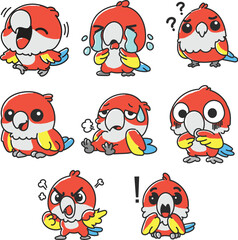 set of cute kawaii birds parrot expression emotion