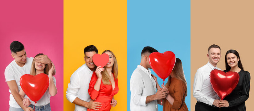 Romantic date. Different lovely couples on color backgrounds, set of photos