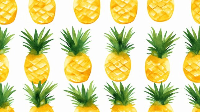 Fresh Organic Pineapple Fruit Watercolor Horizontal Seamless Background. Healthy Vegetarian Diet. Ai Generated Seamless Background with Delicious Juicy Pineapple Fruit Bright Drawing.