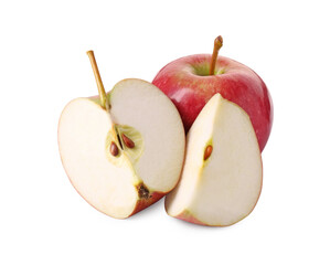Whole and cut red apples isolated on white