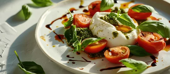  Italian salad with Burrata cheese and tomatoes. Fancy caprese with burrata cheese, cherry tomatoes, pesto and balsamic sauces. Summer dish with mozzarella cheese on white table with shadow. © AkuAku