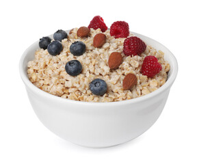 Tasty boiled oatmeal with berries and almonds in bowl isolated on white