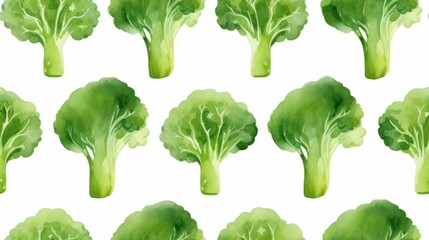 Fresh Organic Broccoli Vegetable Watercolor Horizontal Seamless Background. Healthy Vegetarian Diet. Ai Generated Seamless Background with Delicious Juicy Broccoli Vegetable Bright Drawing.